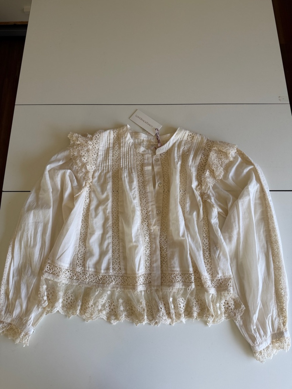NWT LoveShackFancy Ivory Lace-Trim Blouse L